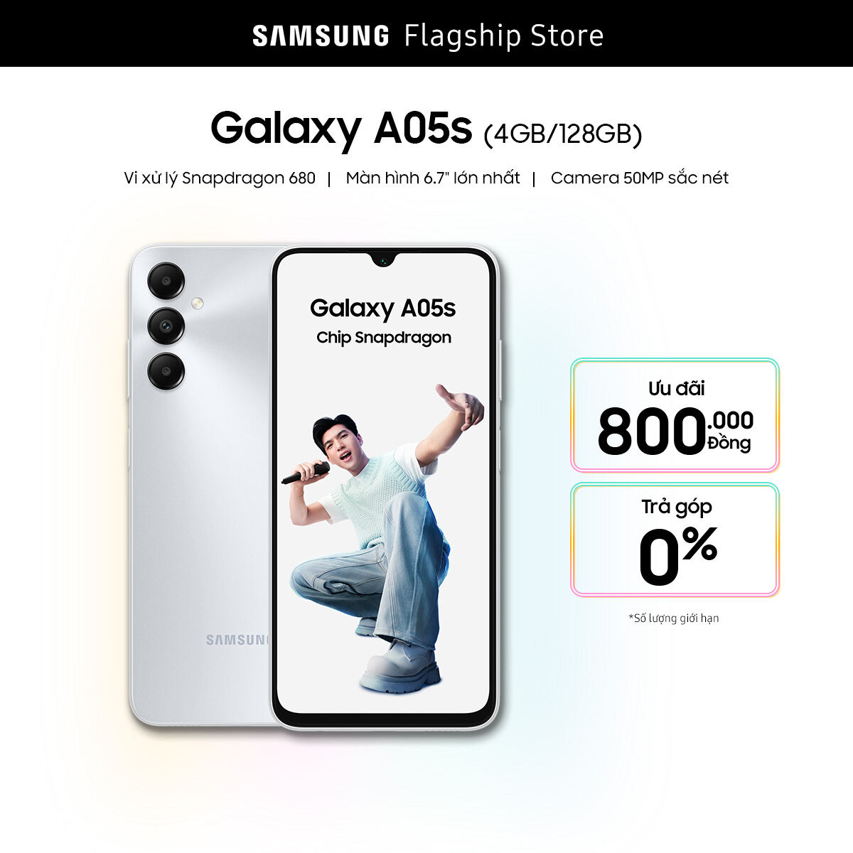 [SIÊU SALE TỪ 20H 1.2] Điện thoại Samsung Galaxy A05s 4GB/128GB, Màn hình 6.7", Ba camera sau đến 50MP, Chip Snapdragon 680, Pin 5000mAh