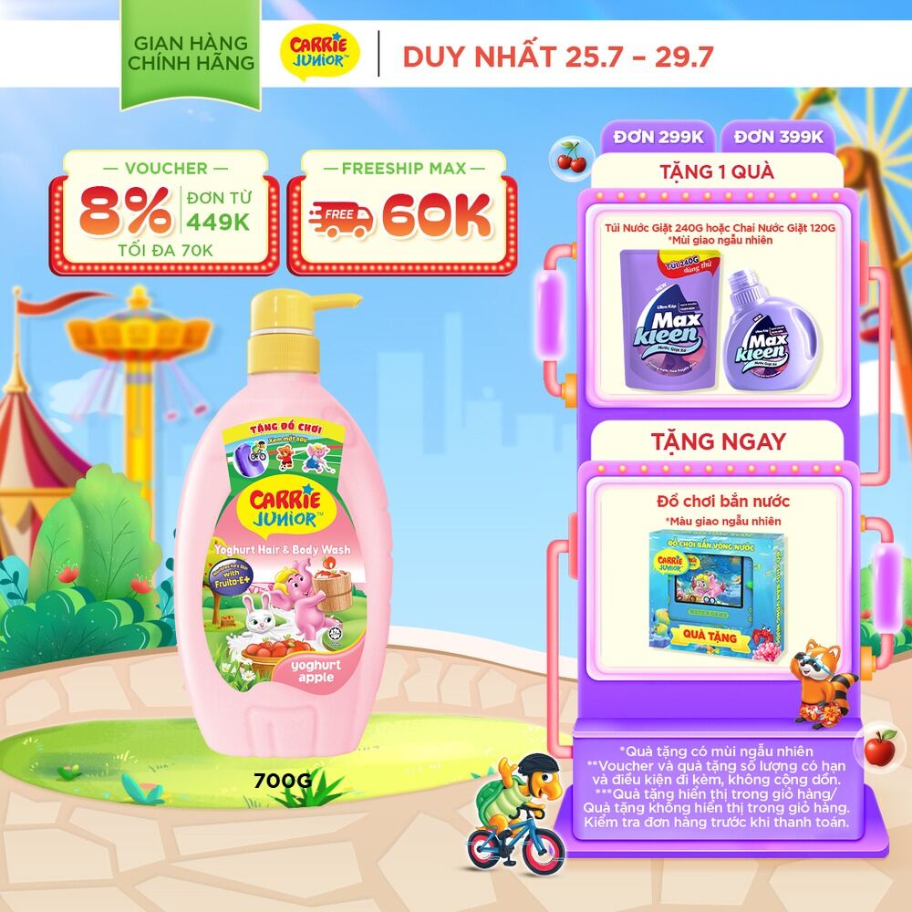 [Tặng Kèm Súng Bắn Nước] Sữa Tắm Gội cho bé Carrie Junior Hương Nho/Dưa lưới/Cherry/Mơ tây/Tinh chất sữa/Táo 700g