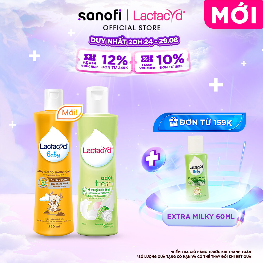 Bộ 2 dung dịch vệ sinh phụ nữ lactacyd odor fresh 250ml + sữa tắm gội trẻ em lactacyd active play 250ml