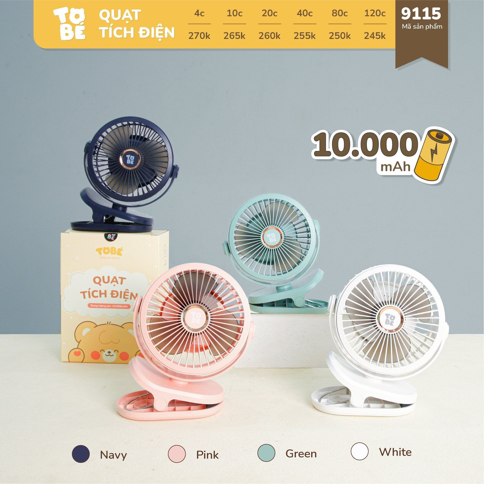 Quạt tích điện tobe 10000mah , dùng được 64h liên tiếp