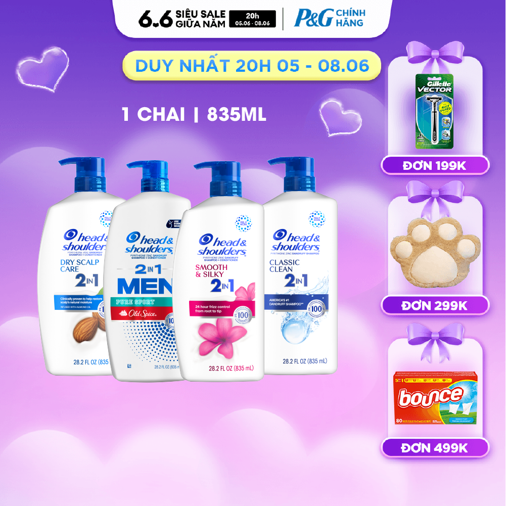 Dầu Gội Xả HEAD  SHOULDERS Nhập Khẩu Mỹ Sạch Gàu 2IN1 Hương Smooth  Silky/ Old Spice Pure Sport/ Classic Clean/ Dry Scalp Care Chai 835ML