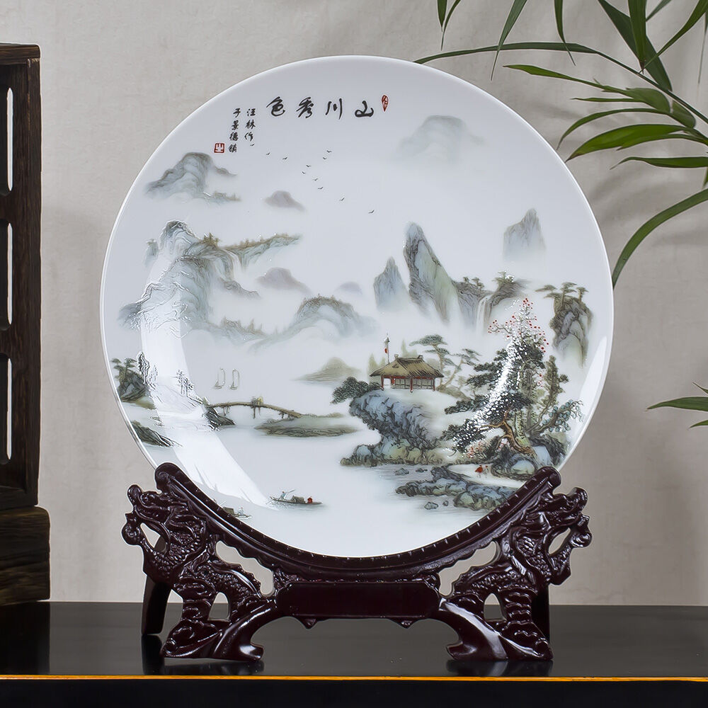 Jingdezhen Ceramic Decoration Porcelain Plate Pastel Landscape Painting Decorative Plates Wall-Plate Ceramic Dish Modern Classical Home Decoration