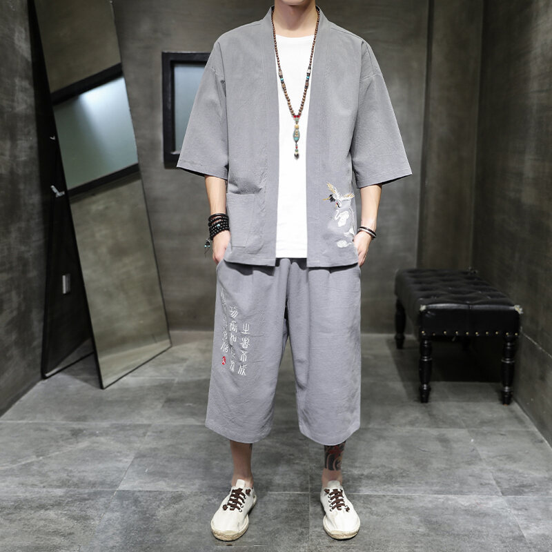 Nam Mùa Hè Hán Phục Bộ Phong Cách Trung Hoa Mỏng Vải Lanh Áo Khoác Ngoài Áo Khoác Cardigan Đường Trang Phục Thời Trang Thương Hiệu Retro 2 Bộ Thêu