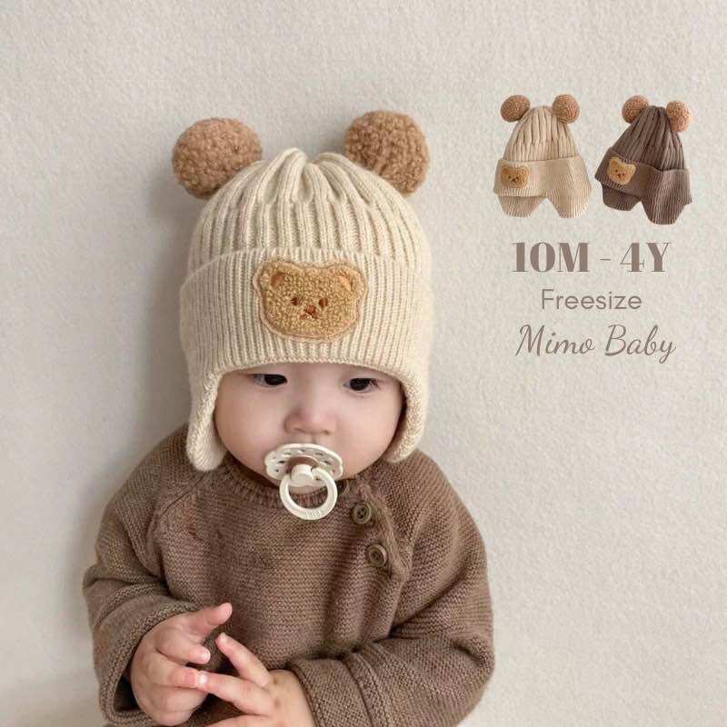 Mũ nón len bịt tai mùa đông cho bé đính hình gấu tai bông dễ thương