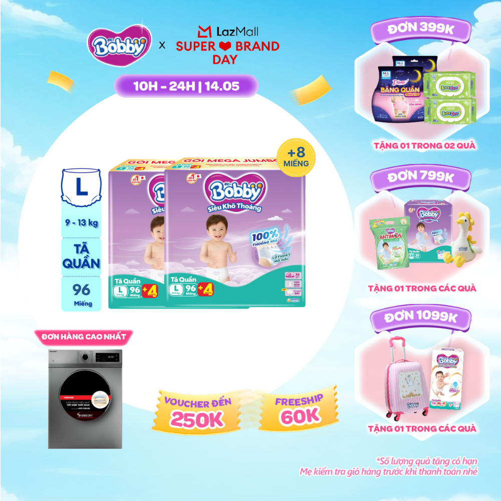 [SALE GIỮA THÁNG tặng QUÀ TO-SLCH][TẶNG MIẾNG NGẪU NHIÊN] Combo 2 Tã/bỉm quần Bobby 3mm Mega Jumbo Gạo non Giảm nhiệt L96
