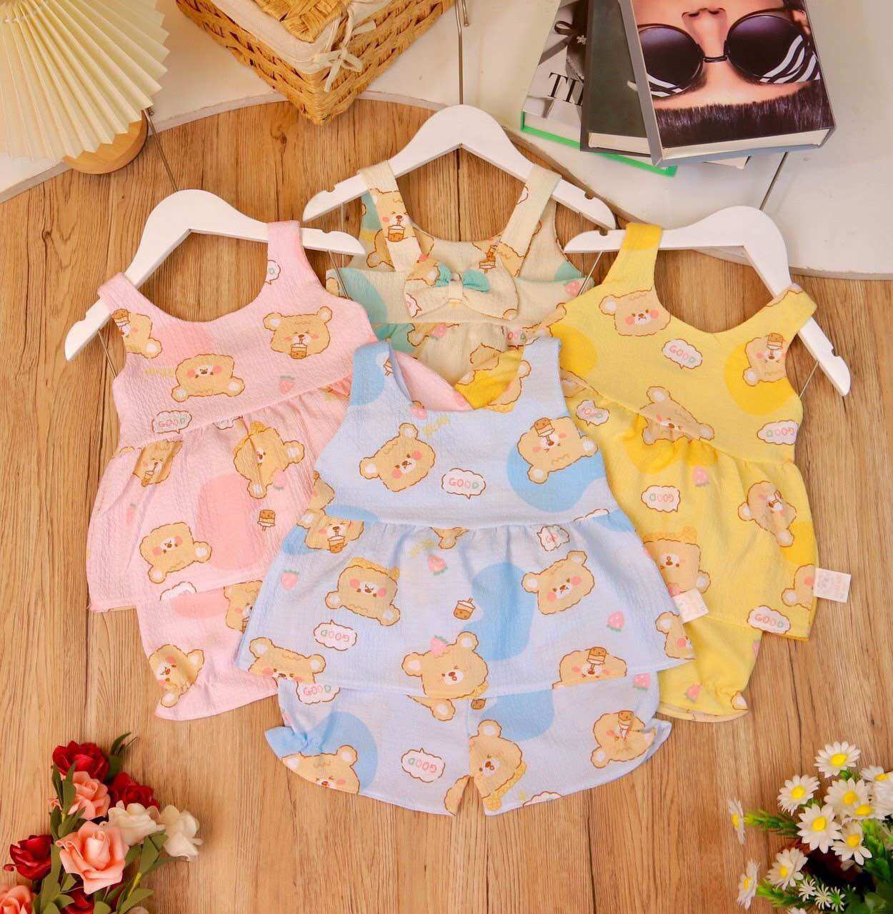 (3 bộ 3 màu) Combo 3 đồ bộ bé gái mặc nhà baby doll hoạ tiết trái cây mùa hè cực xinh tiểu thư vải tơ xốp mềm mại từ 3-16kg