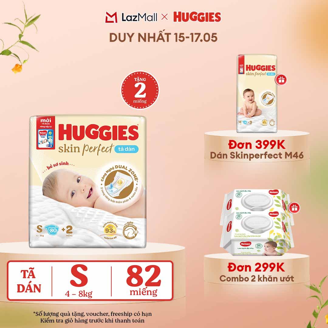 [CHỈ 15-17.05 QUÀ TẶNG ĐƠN 0Đ]  Tã/Bỉm dán sơ sinh Huggies Skin Perfect S80 - 80+2 miếng