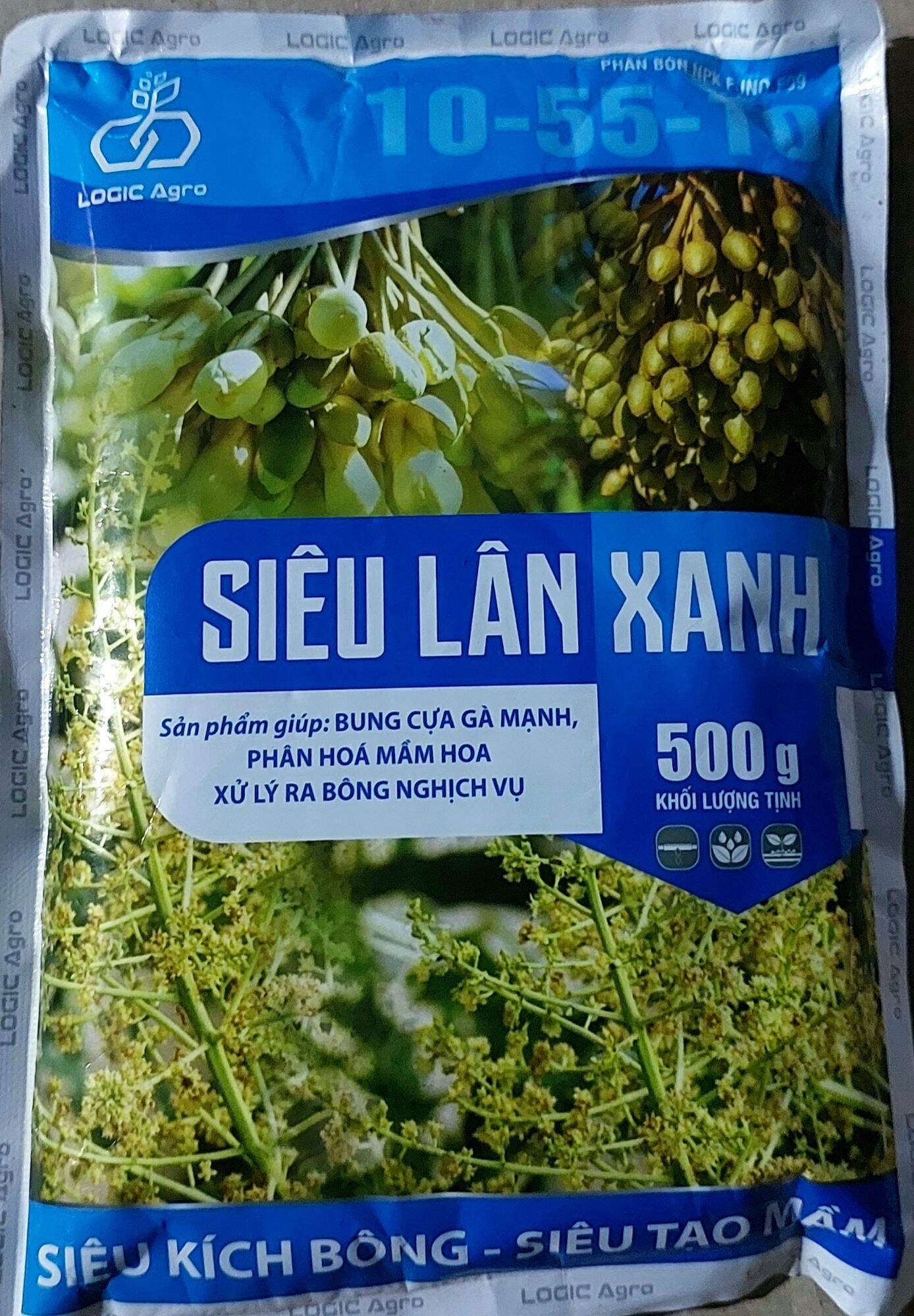 Thuốc kích thích ra hoa, tạo mầm hoa cho cac loại cáy trồng, gói Siêu Lân Xanh 500gr