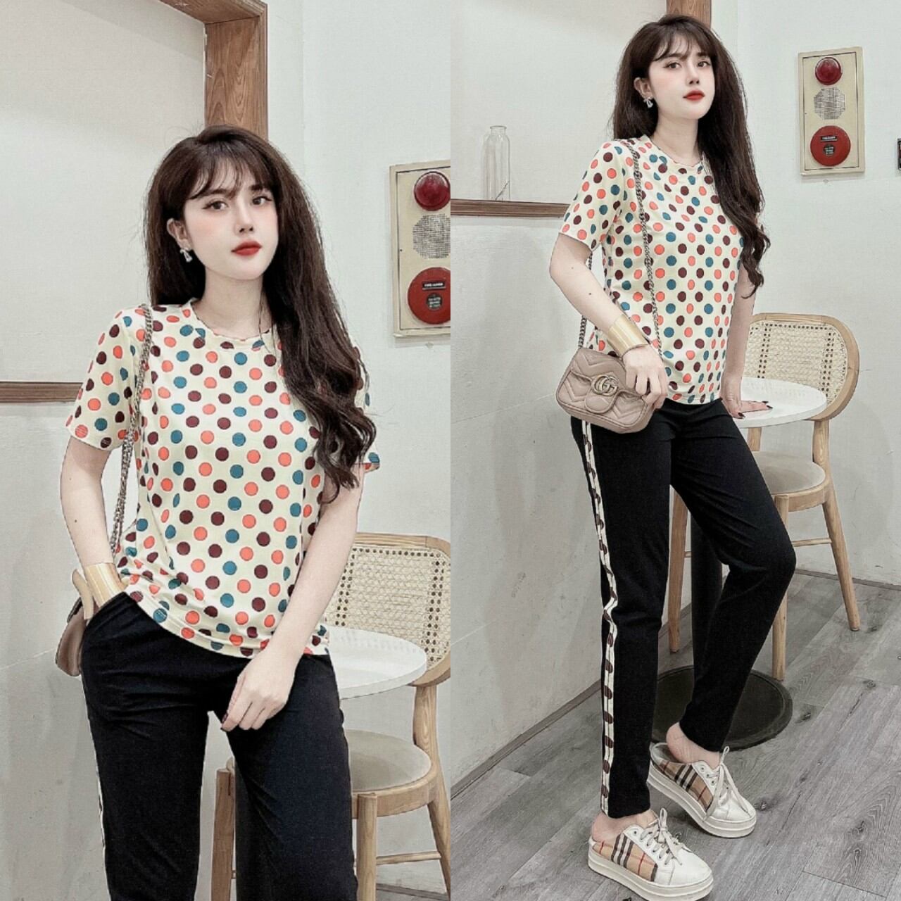 Sét đồ bộ nữ họa tiết chấm bi màu thời trang cao cấp