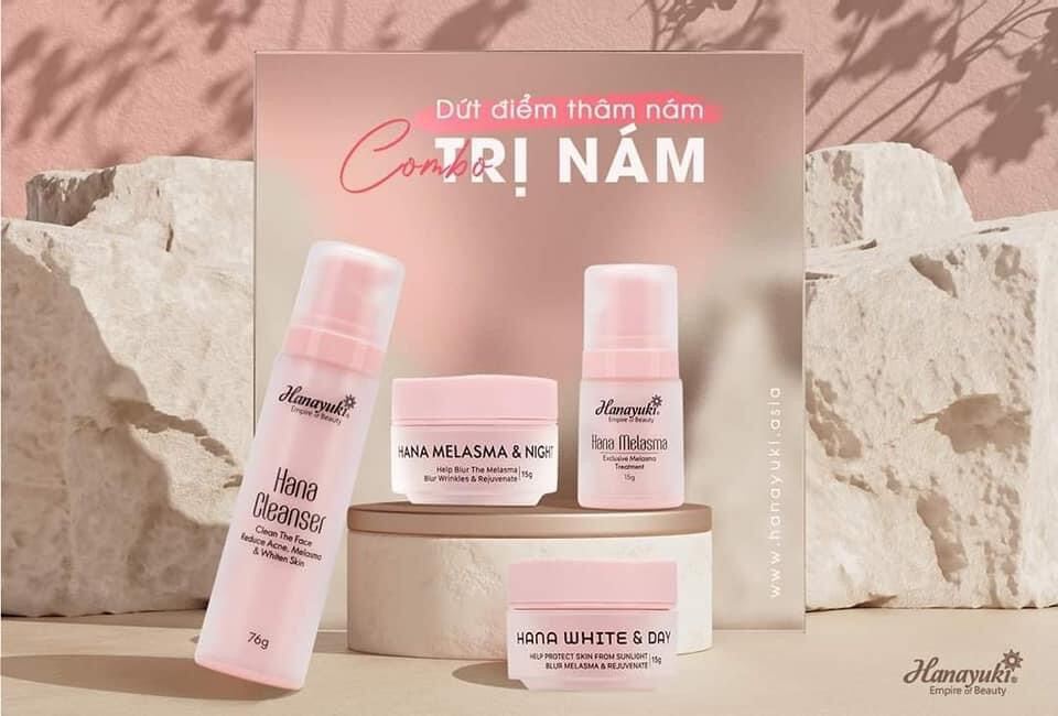 [ Bộ Mini ] Bộ 4 Sản Phẩm Hết Nám Tàn Nhang Hana Melasma + Hana Melasma Night + Hana White Day + Hana Cleanser 15Gam