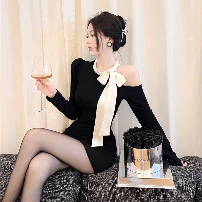 Đầm thun gân phối nơ vai boong store dpn1