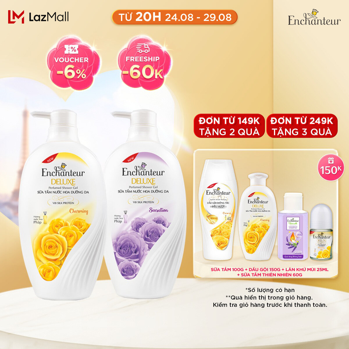 Combo 2 Sữa tắm hương nước hoa Enchanteur Charming và Sensation 650g/Chai