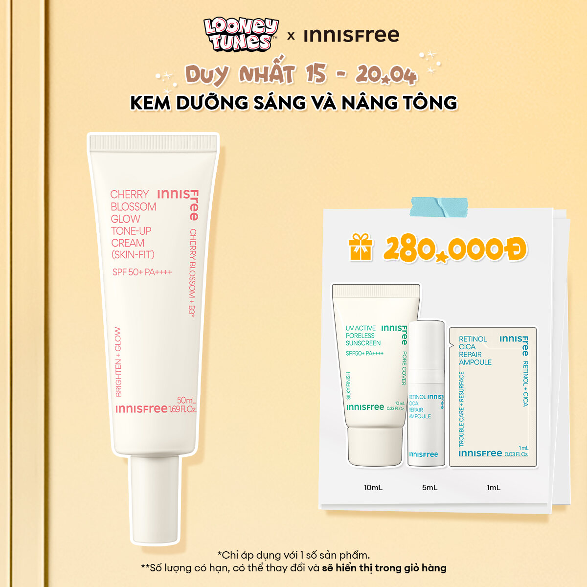 Kem dưỡng ẩm làm sáng chống nắng cho da INNISFREE Jeju Cherry Blossom Skin-Fit Tone-Up Cream SPF 50+PA++++ 50ml