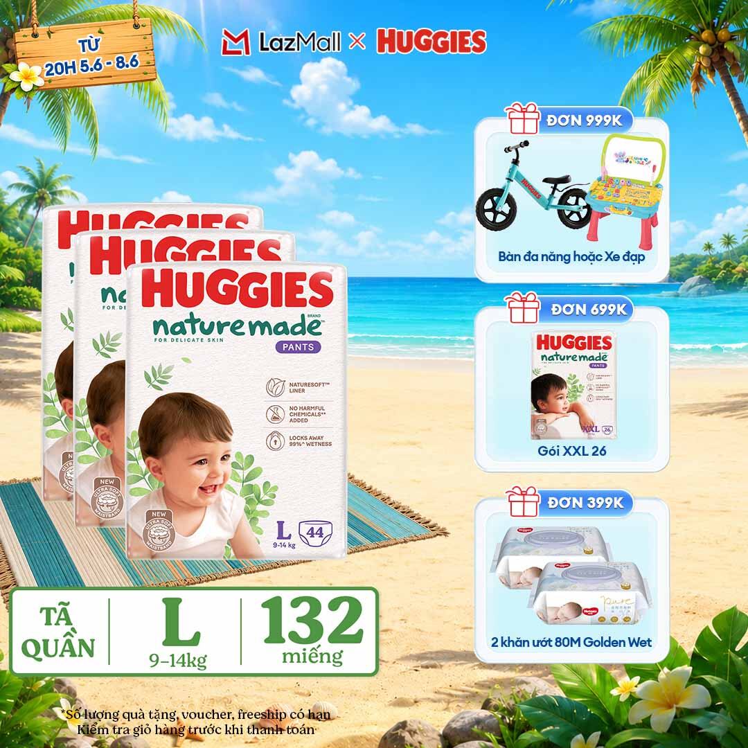 [CHỈ 9-10.6 QUÀ TẶNG ĐƠN 399K](Mua 1 tặng 1)  Combo 3 Tã/Bỉm quần HUGGIES PLATINUM NatureMade L44 (9-14kg)-Gói Jumbo 44 miếng