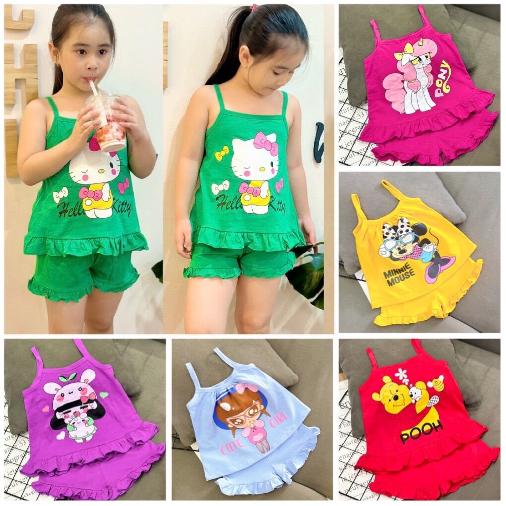 9-20kg Siêu cưng! mát mẻ mùa hè! Đồ bộ áo dây quần bèo Thun coton đẹp bé gái (117)