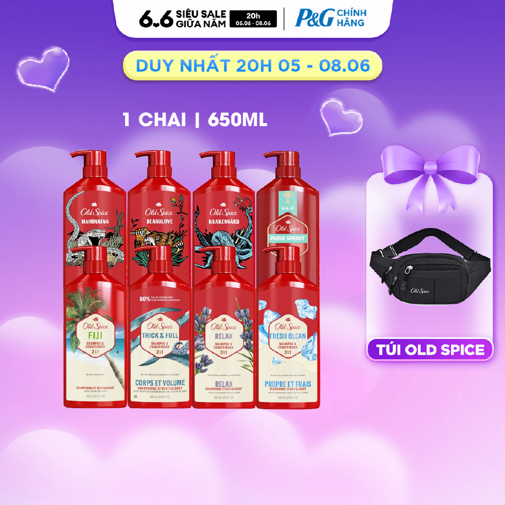 Dầu Gội Xả OLD SPICE Nhập Khẩu Mỹ 2IN1 Hương Nước Hoa Cho Nam Thick  Full/ Pure Sport/ Bearglove Chai 650ML