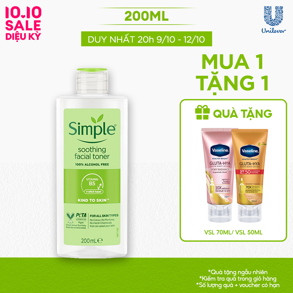 [VC 15% tối đa 70K đơn 399K] Nước hoa hồng Simple Toner làm dịu và cân bằng độ ẩm cho da - lành tính 200ml [CHÍNH HÃNG ĐỘC QUYỀN]