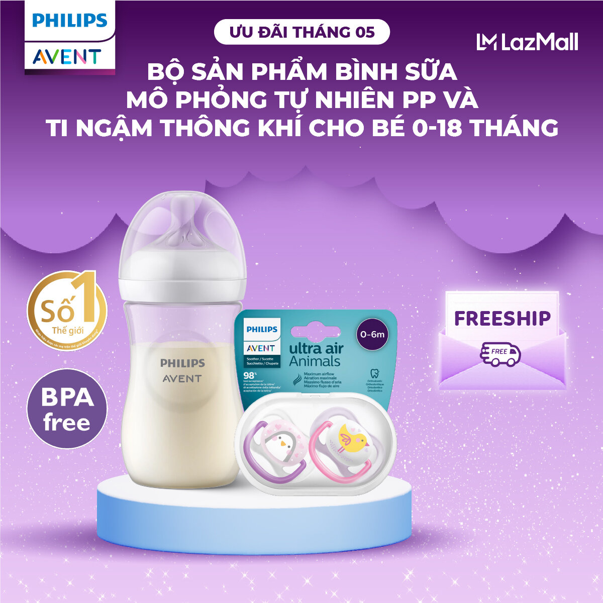 Bộ sản phẩm bình sữa mô phỏng tự nhiên PP và ti ngậm thông khí Philips Avent cho bé 0-18 tháng