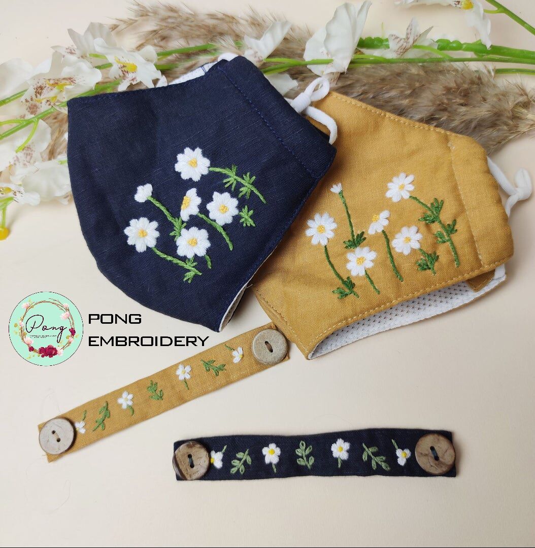 Bộ Khẩu Trang Vải Thêu + Quai Đeo Thêu Tay Thủ Công Handmade - Pong Embroidery