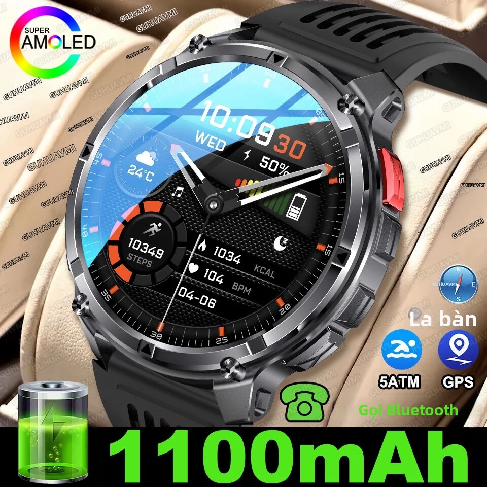 Đồng Hồ Thông Minh Dành Cho Nam, Màn Hình AMOLED 1.7 Inch, Pin Dung Lượng Lớn 1100mAh, Chống Nước 5ATM, Tích Hợp La Bàn, Định Vị GPS, Đèn Pin, Theo Dõi Thể Dục & Giấc Ngủ