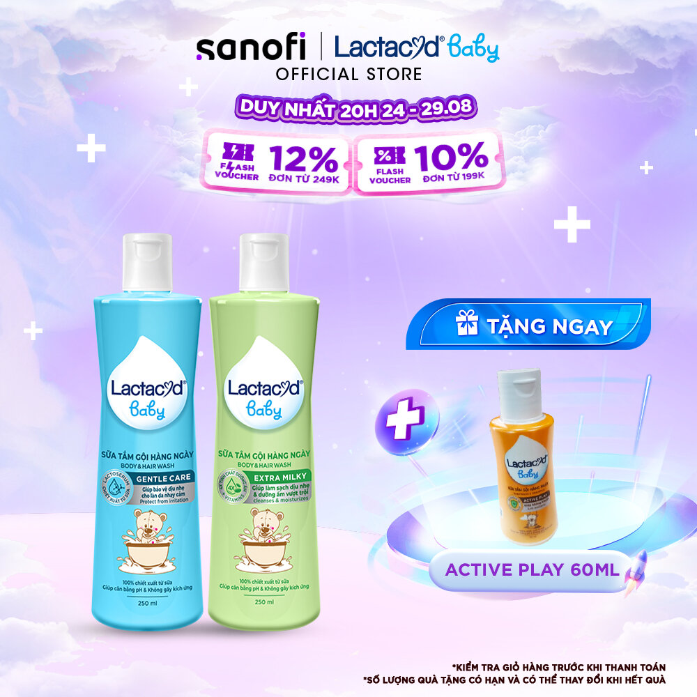 Bộ 1 chai Sữa Tắm Gội Trẻ em Lactacyd Baby Extra Milky 250ml + 1 Lactacyd Baby Gentle Care 250ml