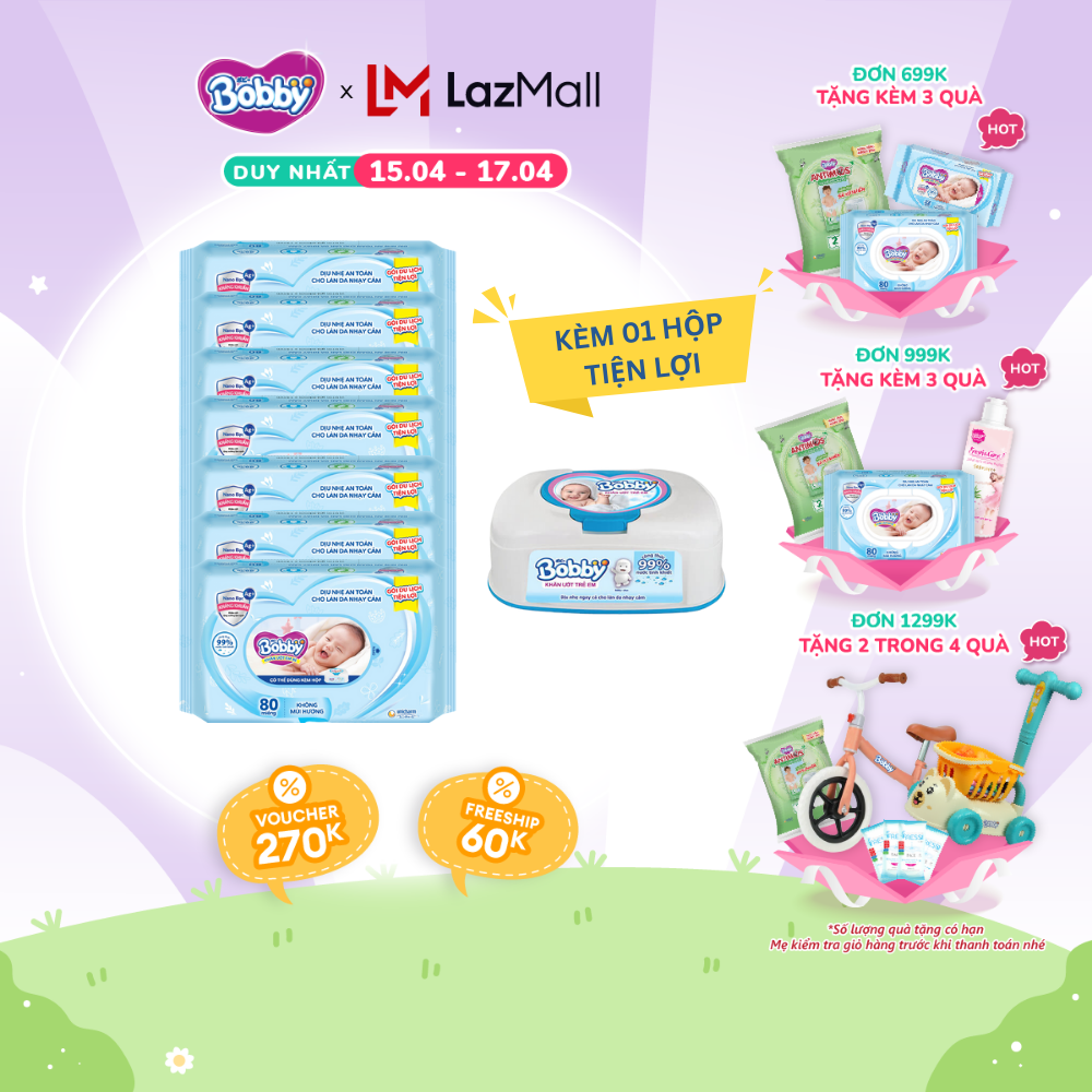 [Tặng 1 hộp tiện lợi] Bộ 7 gói khăn giấy ướt trẻ em Bobby Care gói Bổ sung không mùi - 80 miếng