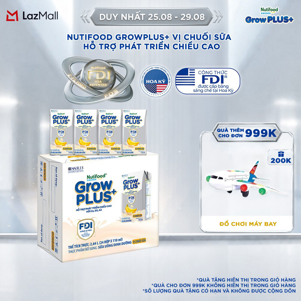 Thùng 24 hộp Sữa bột pha sẵn Nutifood Sweden GrowPLUS+ Vị Chuối Sữa hộp 110ml - Hỗ trợ phát triển chiều cao -  (24 hộp x 110ml)