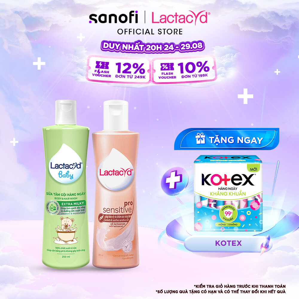 Bộ Dung Dịch Vệ Sinh Phụ Nữ Lactacyd Pro Sensitive Cho Da Nhạy Cảm 250ml + Sữa Tắm Gội Trẻ em Lactacyd Baby Extra Milky 250ml