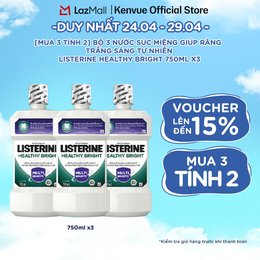 [Mua 3 tính 2] Combo 3 Chai nước súc miệng Listerine Healthy Bright 750ml/chai