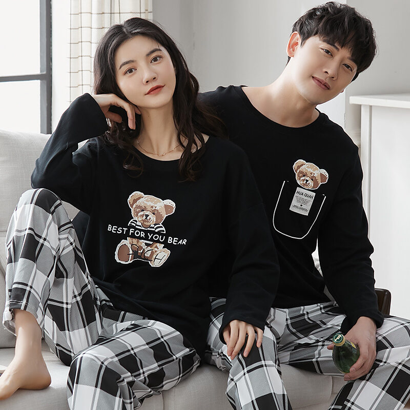 Couples Pajamas Autumn Pure Cotton Long Sleeve Korean-style Girl'S Cute Cartoon Autumn and Winter Men Cotton Homewear Set