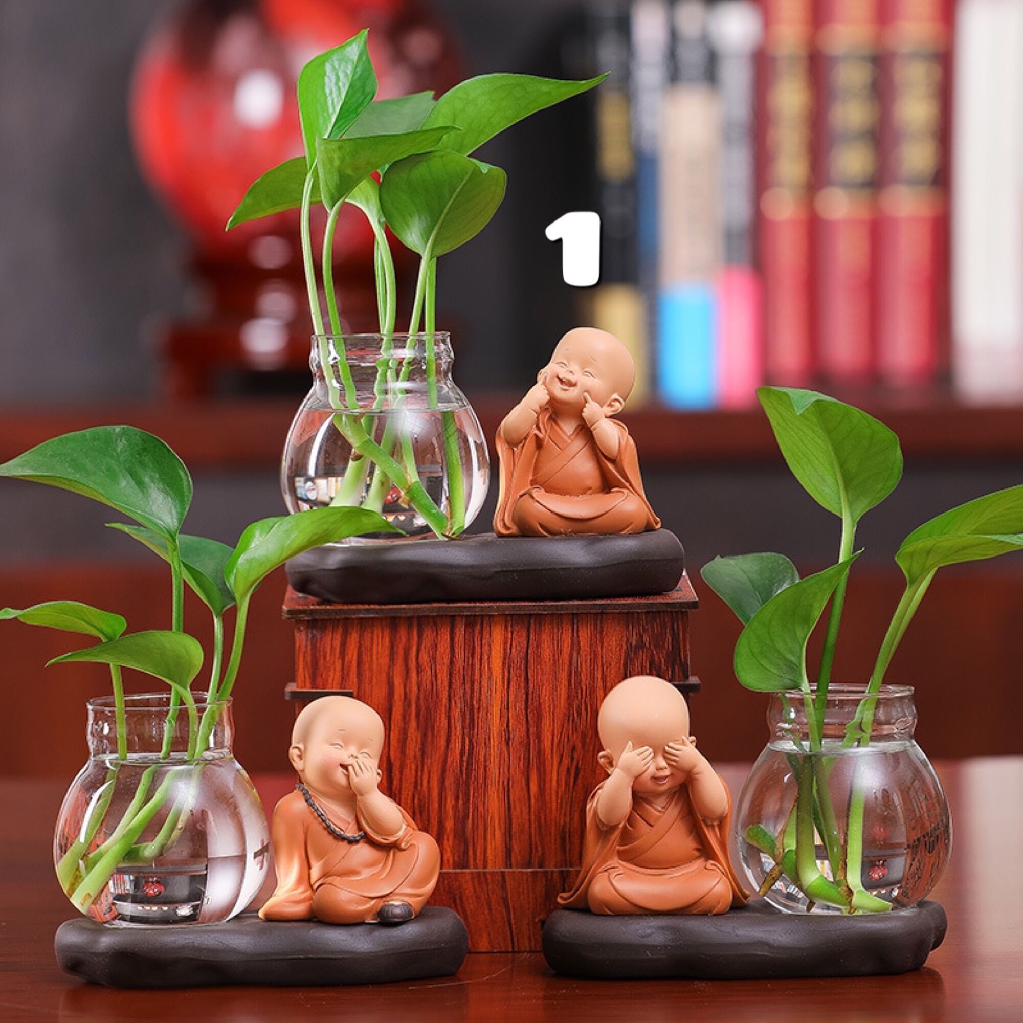 Chậu trồng cây thuỷ sinh kèm tượng chú tiểu dễ thương - Mee Store