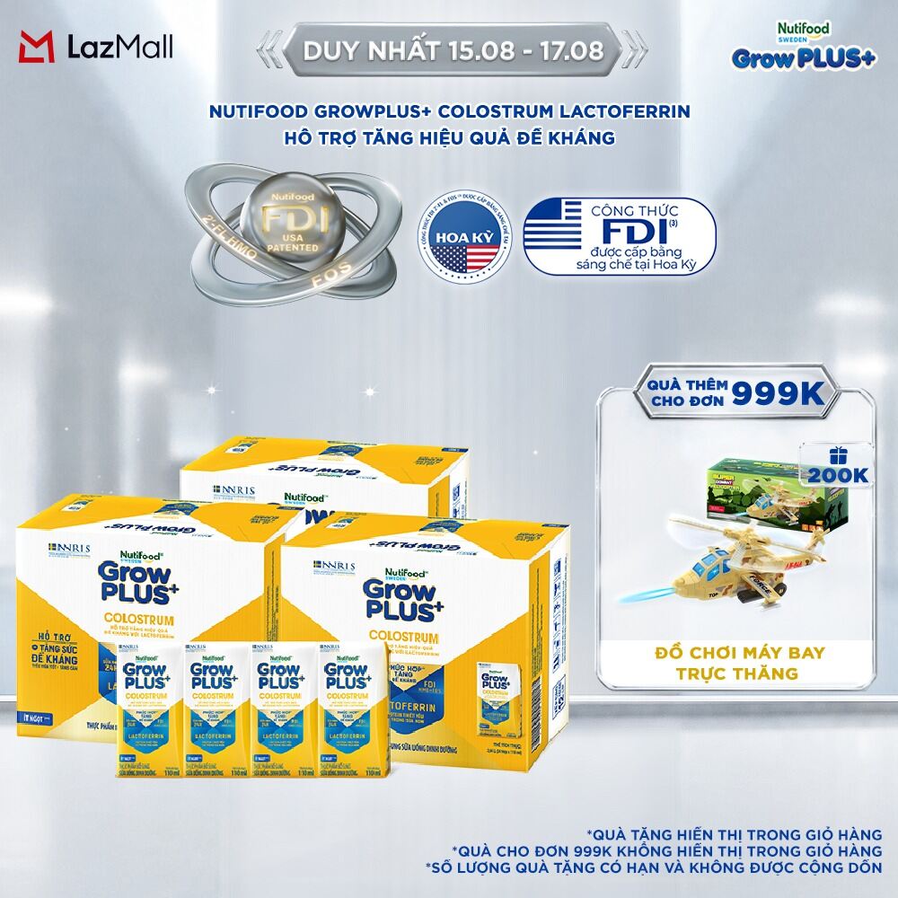 Combo 3 Thùng 24 hộp Sữa bột pha sẵn Nutifood Sweden GrowPLUS+ Colostrum Lactoferrin 110ml