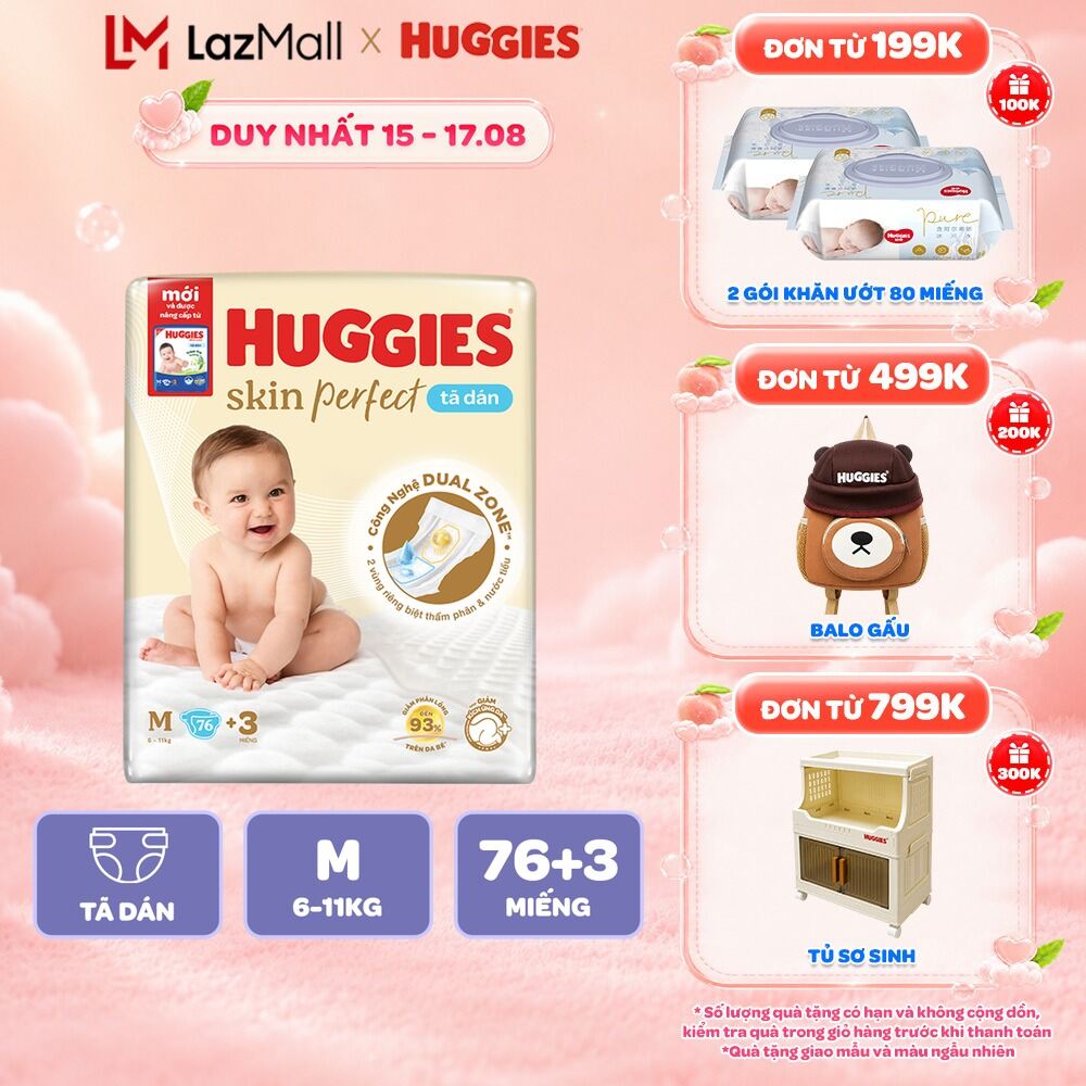 Tã/Bỉm Dán Sơ sinh Huggies Skincare Super Jumbo M76+3/L68/XL60/XXL54 Với 2 Vùng Thấm Giảm Kích Ứng Da