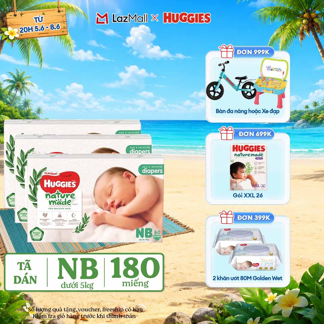 [CHỈ 9-10.6 QUÀ TẶNG ĐƠN 399K](Mua 1 tặng 1) Combo 3 Tã/Bỉm dán sơ sinh Huggies Platinum NatureMade NB60 (dưới 5kg)-Gói Jumbo 60 miếng