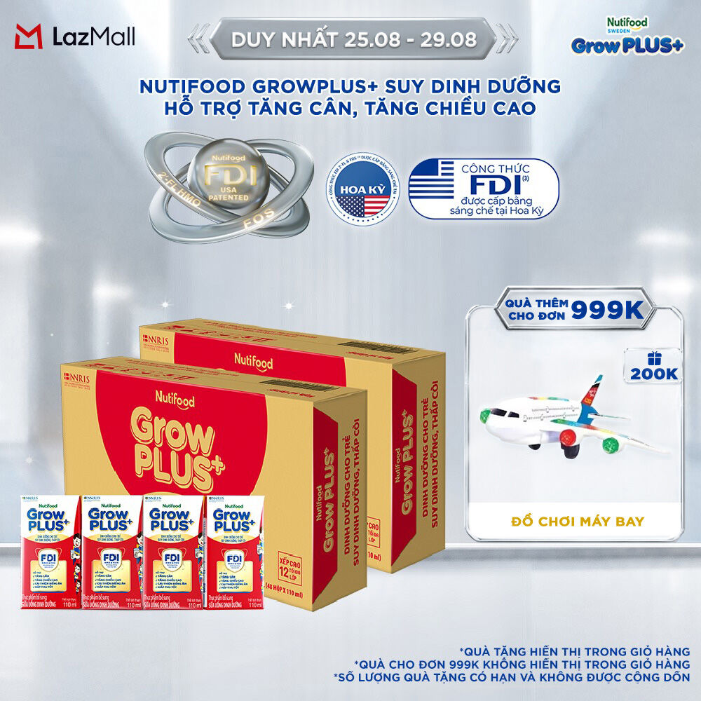 Combo 2 Thùng Sữa Nước Pha Sẵn Nutifood GrowPLUS+ Suy Dinh Dưỡng - Hỗ Trợ Tăng Cân, Tăng Chiều Cao - Trên 1 tuổi  (48 Hộp x 110ml) (Bao bì tùy đợt nhập hàng)