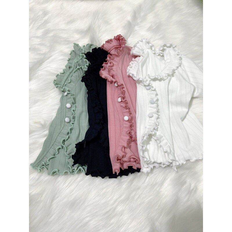 Áo Thun Gân Croptop  Viền Bèo 3 Nút