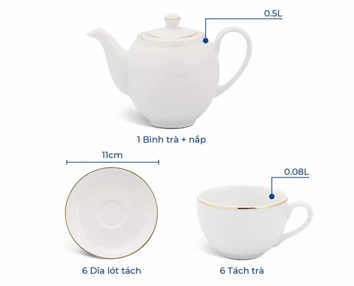 BỘ ẤM TRÀ MINH LONG 0.5L CHỈ VÀNG 01503801403