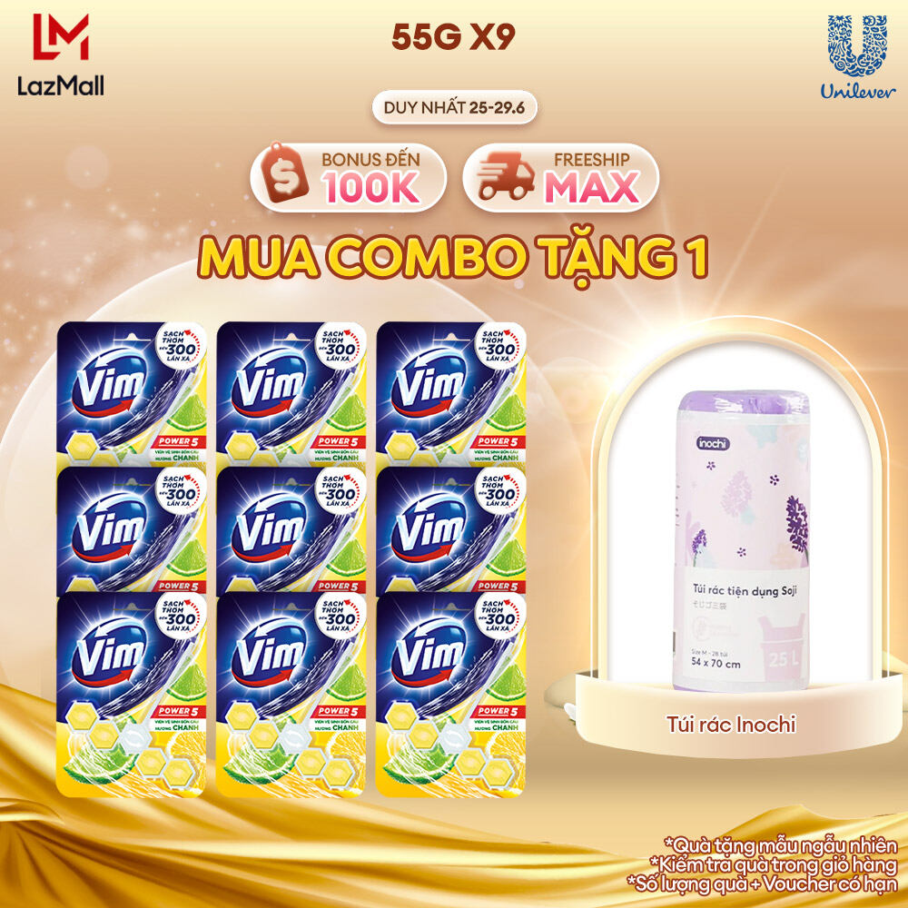 Combo 9 Viên Tẩy Bồn Cầu Vim Power 5 Sạch Khuẩn Thơm Mát (55g/viên) | Hương Chanh
