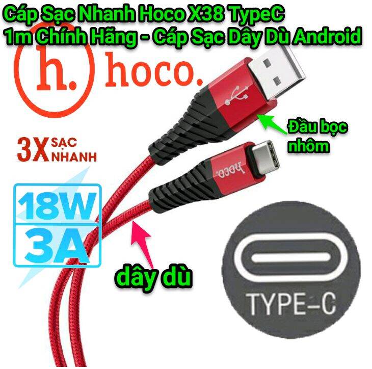 Cáp Sạc Nhanh Hoco X38 TypeC 1m Chính Hãng - Cáp Sạc Dây Dù Android