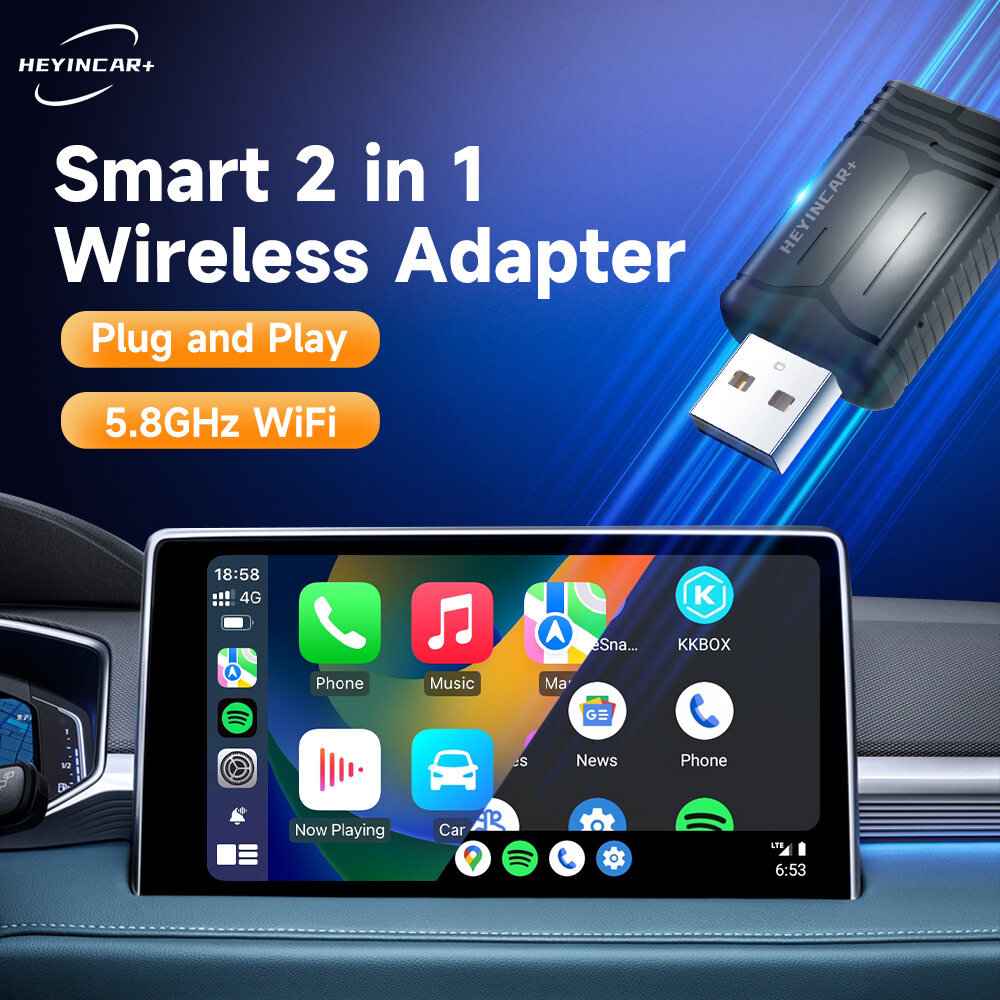 Heyincar 2024 Không Dây Android Auto Adapter Carplay 2in1 Dongle Thông Minh Dành Cho Xe Toyota Kia Hyundai Vw Mazda Định Vị Ô Benz Audi