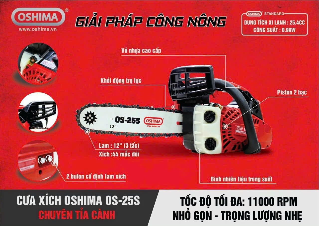 Cưa xích mini Oshima os25s lam dài 30cm, 2 thì