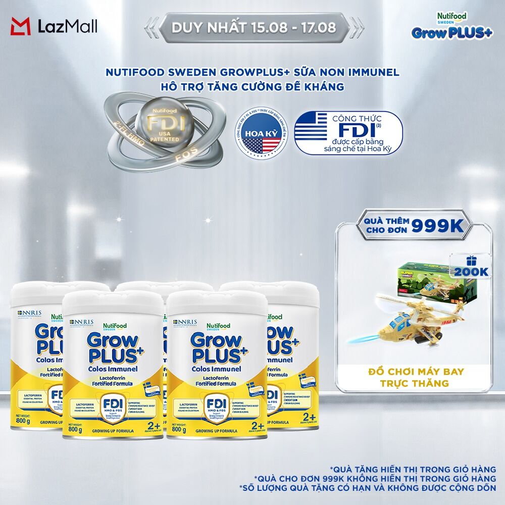 Combo 5 Sữa Bột Nutifood Sweden GrowPLUS+ Sữa Non Immunel trên 2 tuổi lon 800 g (Bao bì tuỳ lô hàng)