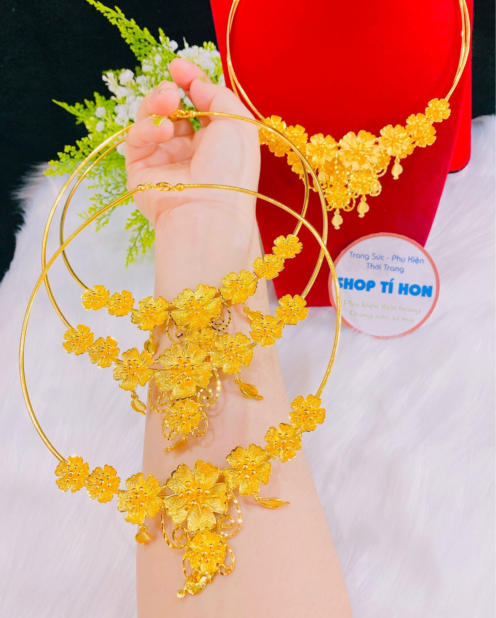 Kiềng hoa mai cưới mạ vàng 24k chạm 7 bông tòn ten cao cấp mẫu mới về