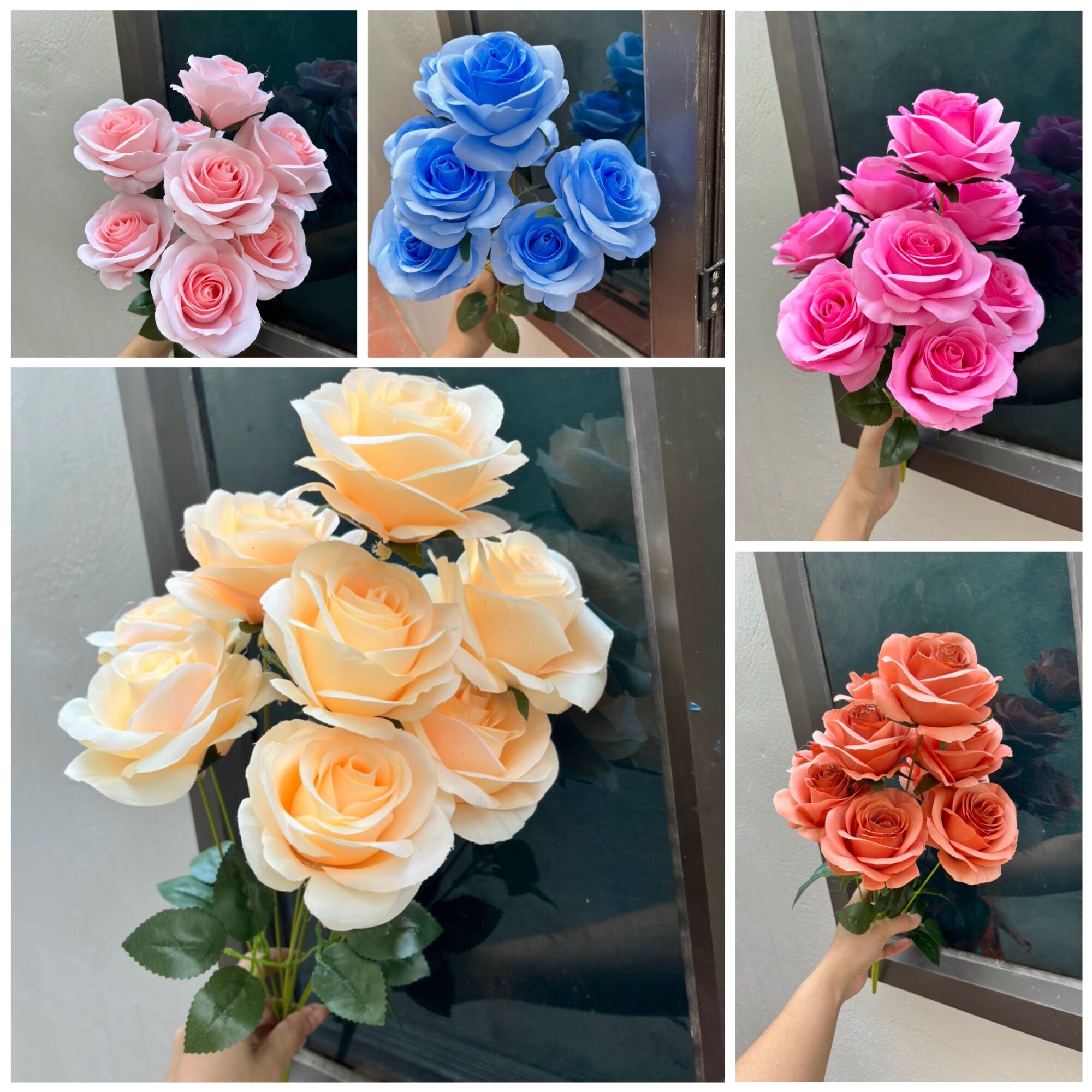 Cụm hoa hồng tứ quý 9 bông_Hoa giả trang trí