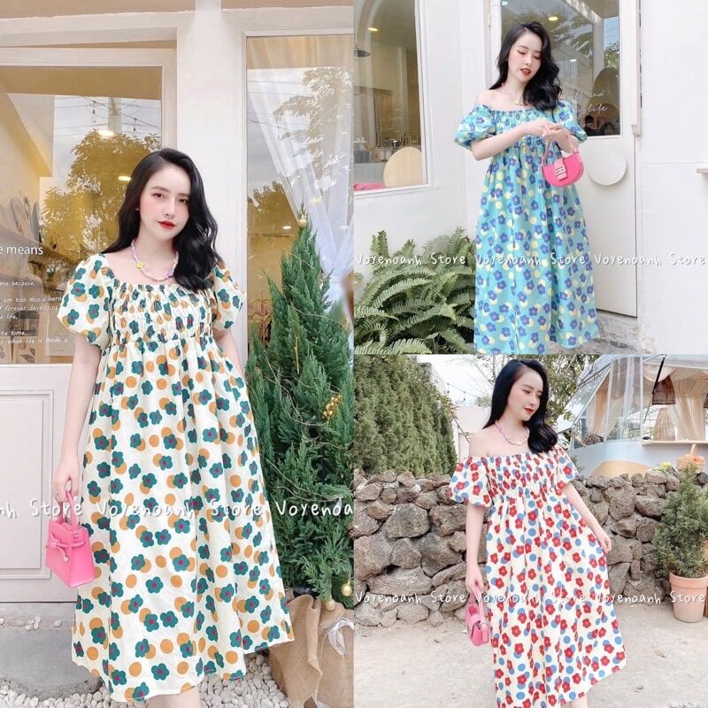 Đầm bầu hoa đi biển maxi hở vai dễ thương
