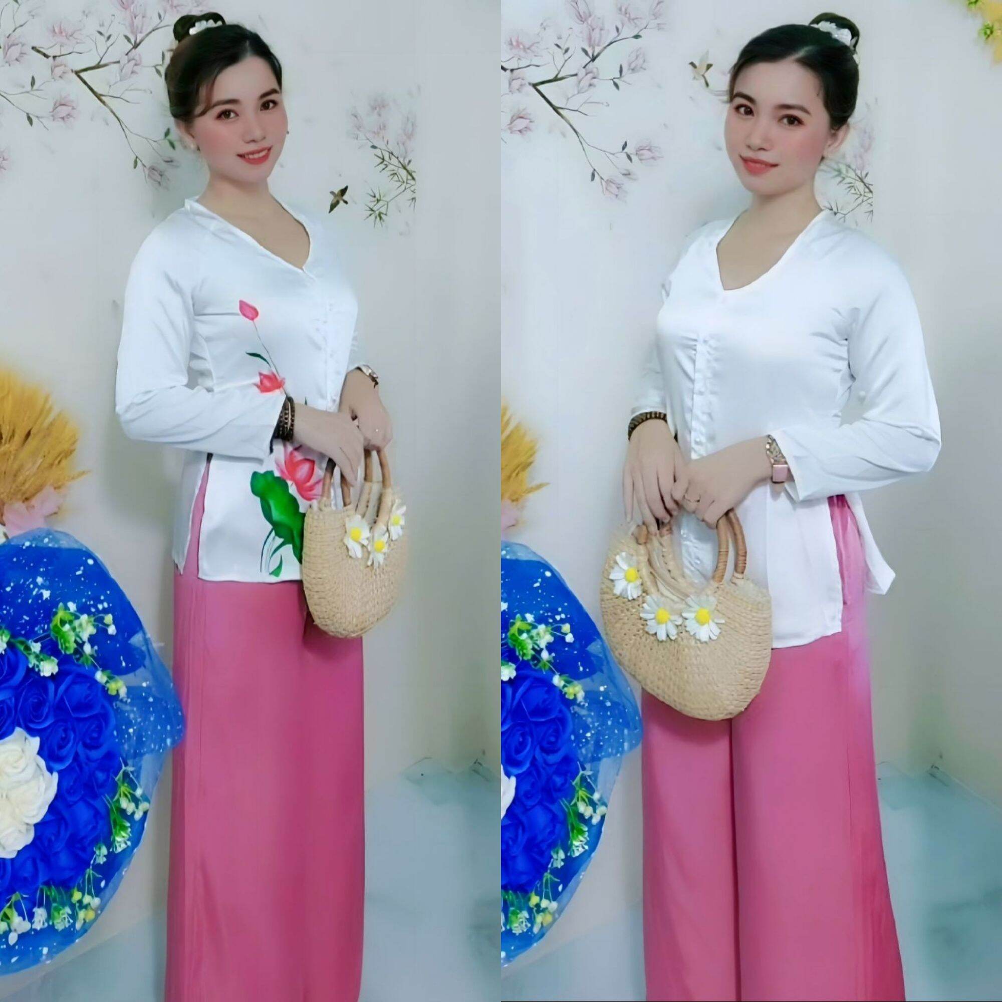 Bộ bà ba hoa sen lụa ngọc trai, phối quần lụa tằm cao cấp phom 42-58kg