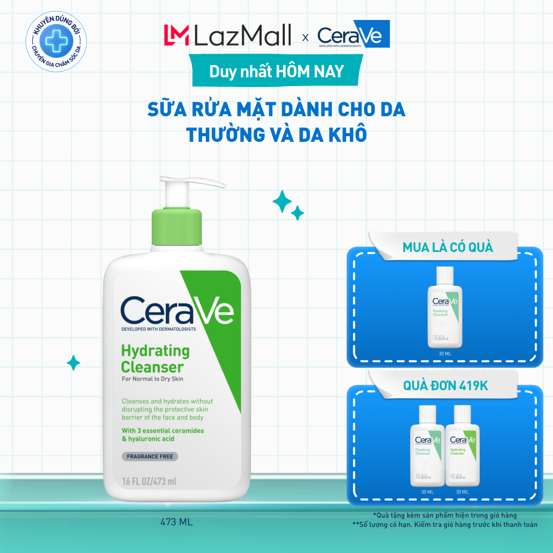 Sữa rửa mặt giúp làm sạch sâu và cấp ẩm dành cho da thường và da khô CeraVe Hydrating Cleanser 473ML
