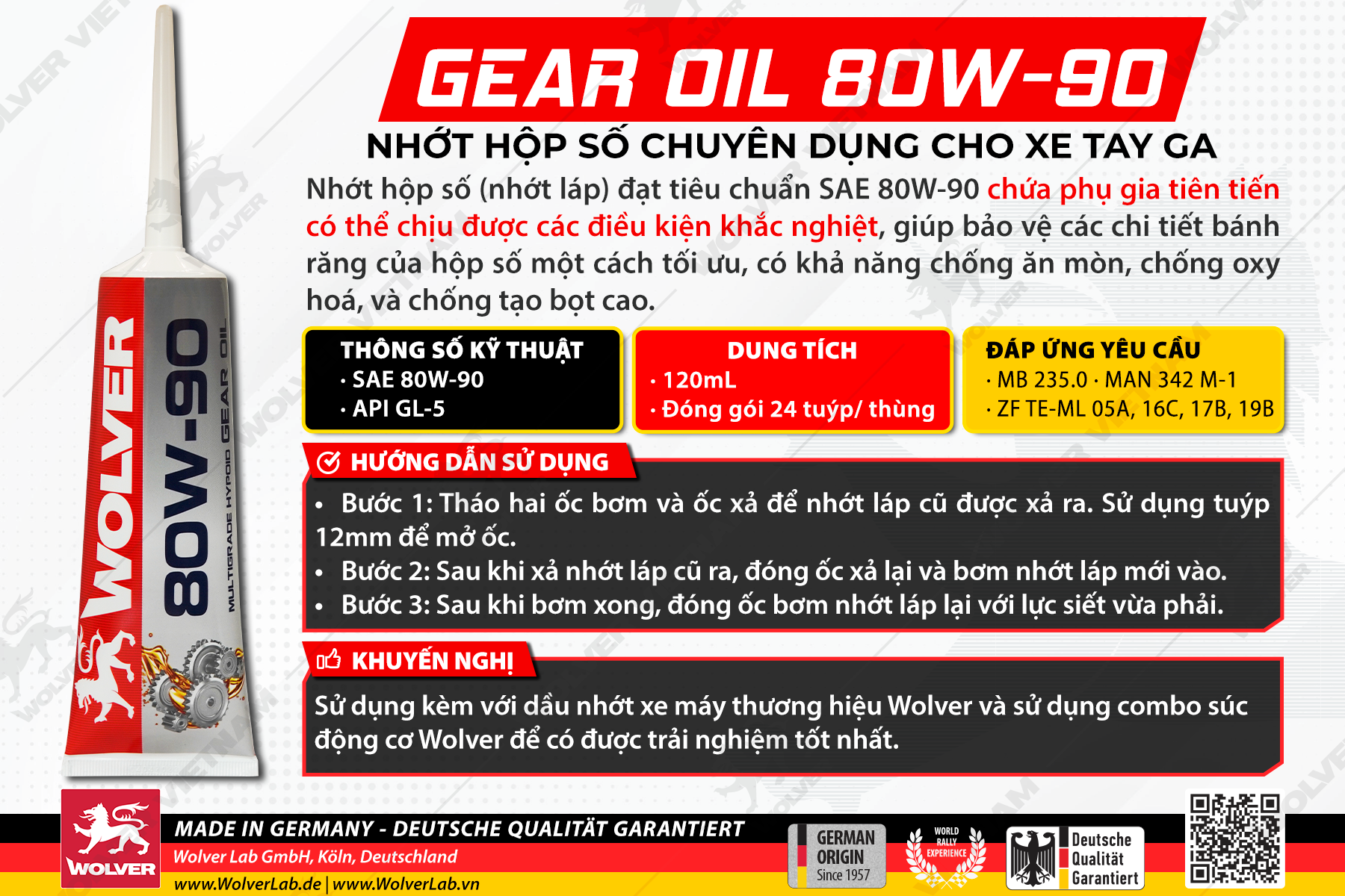 Thùng nhớt láp Wolver 80W90 (120mL) - Láp GL5 - Láp 80W90 - Láp Đức - Nước mát K2