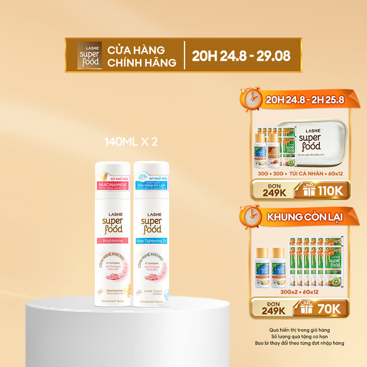 Combo xịt khử mùi lashe superfood dưỡng sáng da 140ml + xịt khử mùi lashe superfood se khít lỗ chân lông 140ml