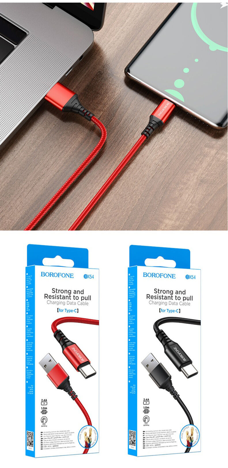 Cáp sạc nhanh borofone Bx54 Type C truyền dữ liệu cho android